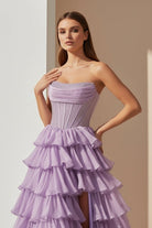 KissProm-Hanya Lavender A Line Strapless Chiffon Beaded Corset Long Prom Dress With Slit