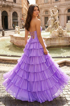 Lilac - A Line Strapless Chiffon Beaded Corset Long Prom Dress With Slit - KissProm