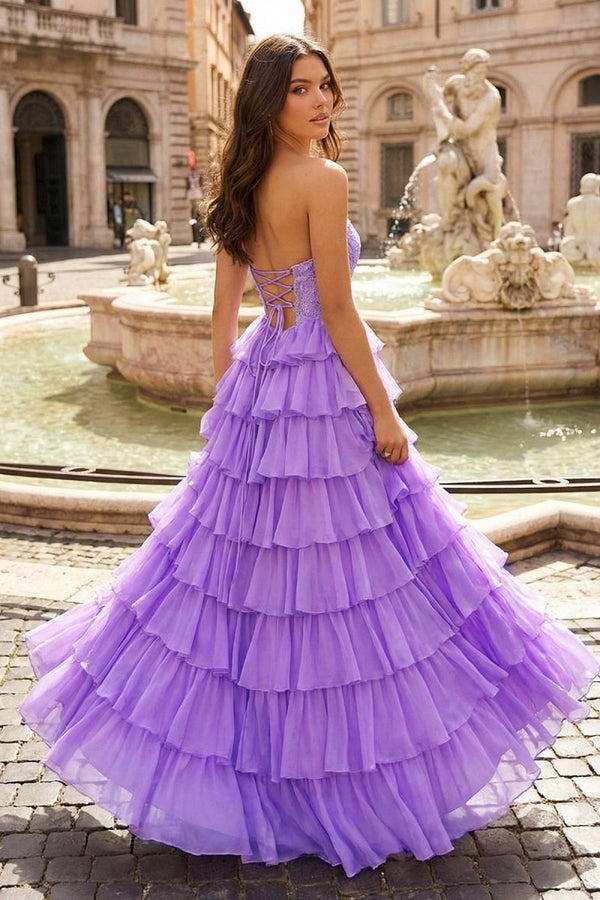 Lilac - A Line Strapless Chiffon Beaded Corset Long Prom Dress With Slit - KissProm