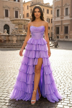 Lilac - A Line Strapless Chiffon Beaded Corset Long Prom Dress With Slit - KissProm