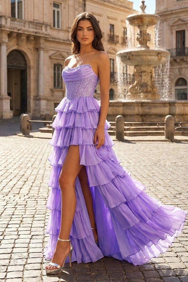 Lilac - A Line Strapless Chiffon Beaded Corset Long Prom Dress With Slit - KissProm