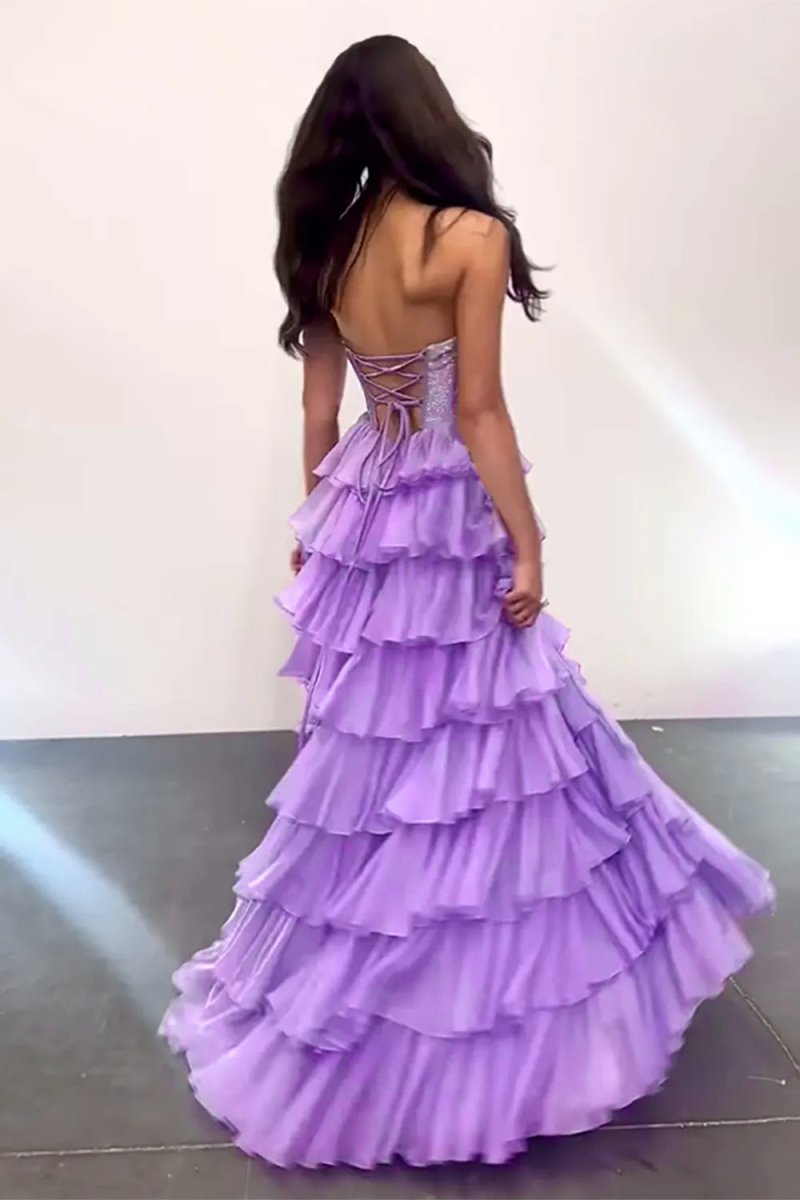 KissProm-Hanya Lilac A Line Strapless Chiffon Beaded Corset Long Prom Dress With Slit