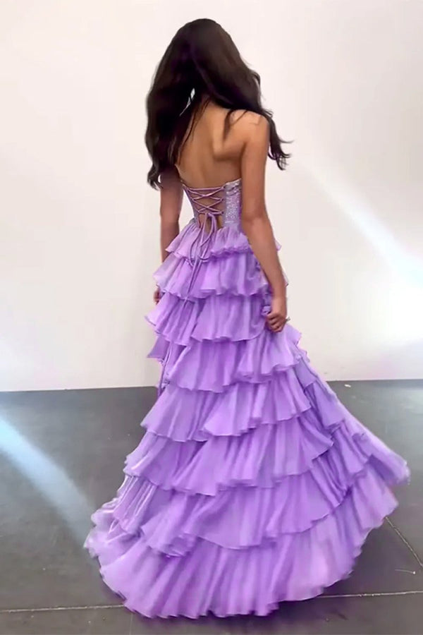 KissProm-Hanya Lilac A Line Strapless Chiffon Beaded Corset Long Prom Dress With Slit