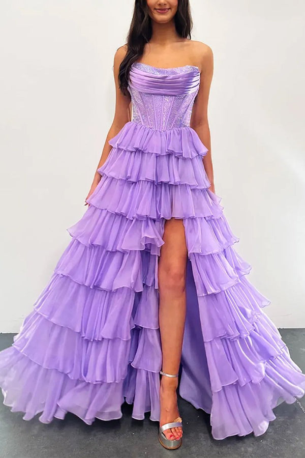 KissProm-Hanya Lilac A Line Strapless Chiffon Beaded Corset Long Prom Dress With Slit