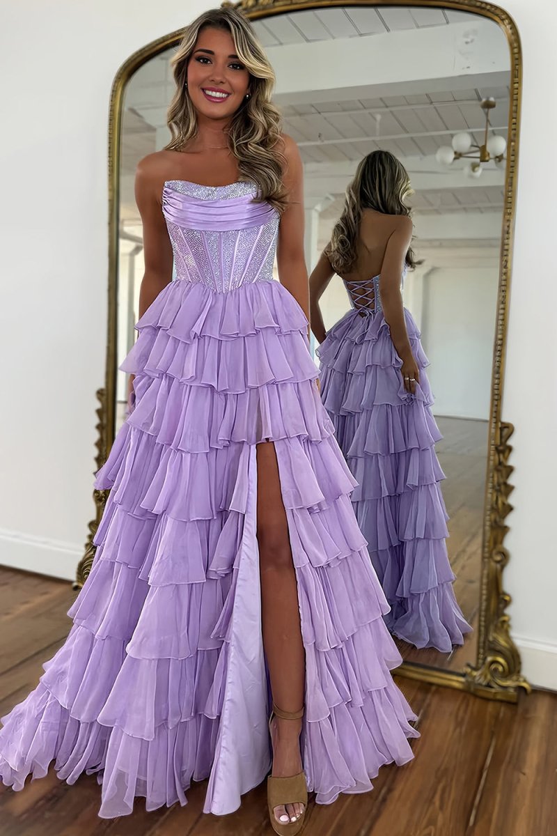 KissProm-Hanya Lavender A Line Strapless Chiffon Beaded Corset Long Prom Dress With Slit