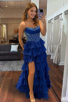 KissProm-Hanya Navy Blue A Line Strapless Chiffon Beaded Corset Long Prom Dress With Slit