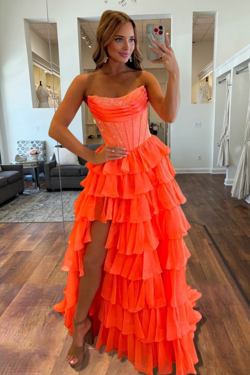 KissProm-Hanya Orange A Line Strapless Chiffon Beaded Corset Long Prom Dress With Slit