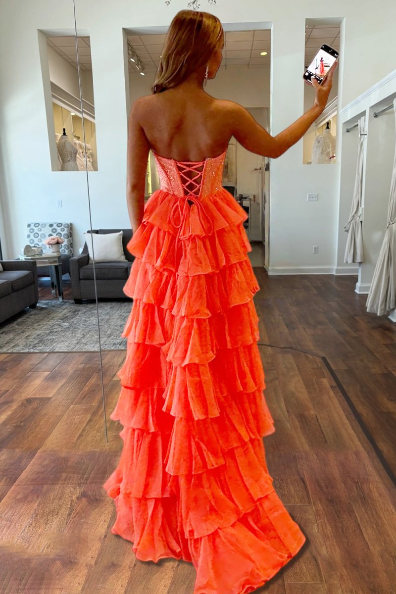 KissProm-Hanya Orange A Line Strapless Chiffon Beaded Corset Long Prom Dress With Slit