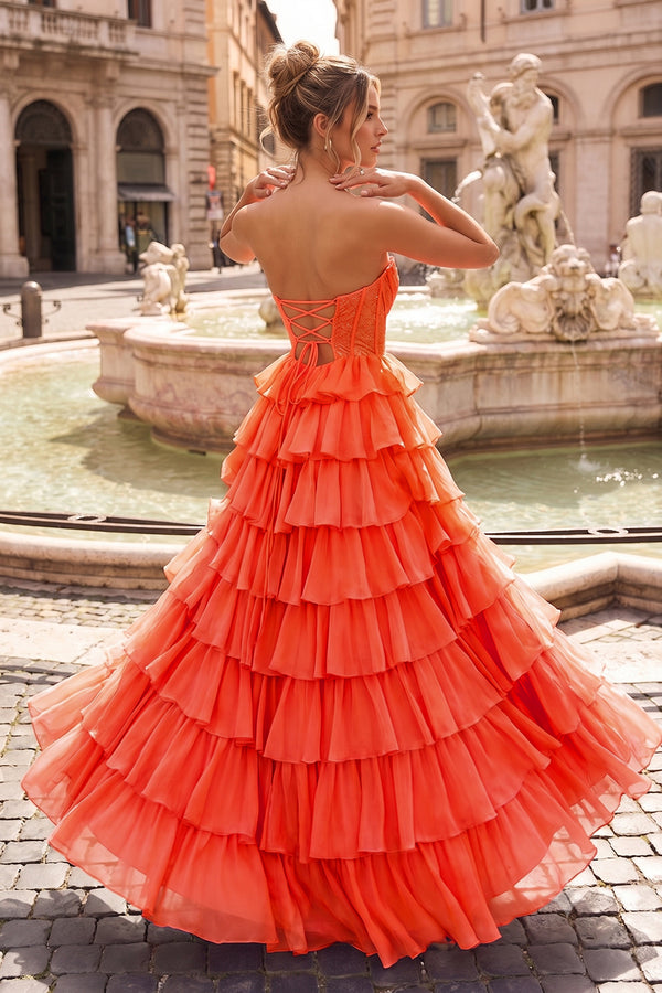 Orange A Line Strapless Chiffon Beaded Corset Long Prom Dress With Slit - KissProm