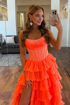 KissProm-Hanya Orange A Line Strapless Chiffon Beaded Corset Long Prom Dress With Slit
