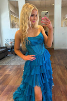 Hanya | Peacock - A Line Strapless Chiffon Beaded Corset Long Prom Dress With Slit - KissProm