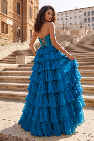 Peacock A Line Strapless Chiffon Beaded Corset Long Prom Dress With Slit - KissProm