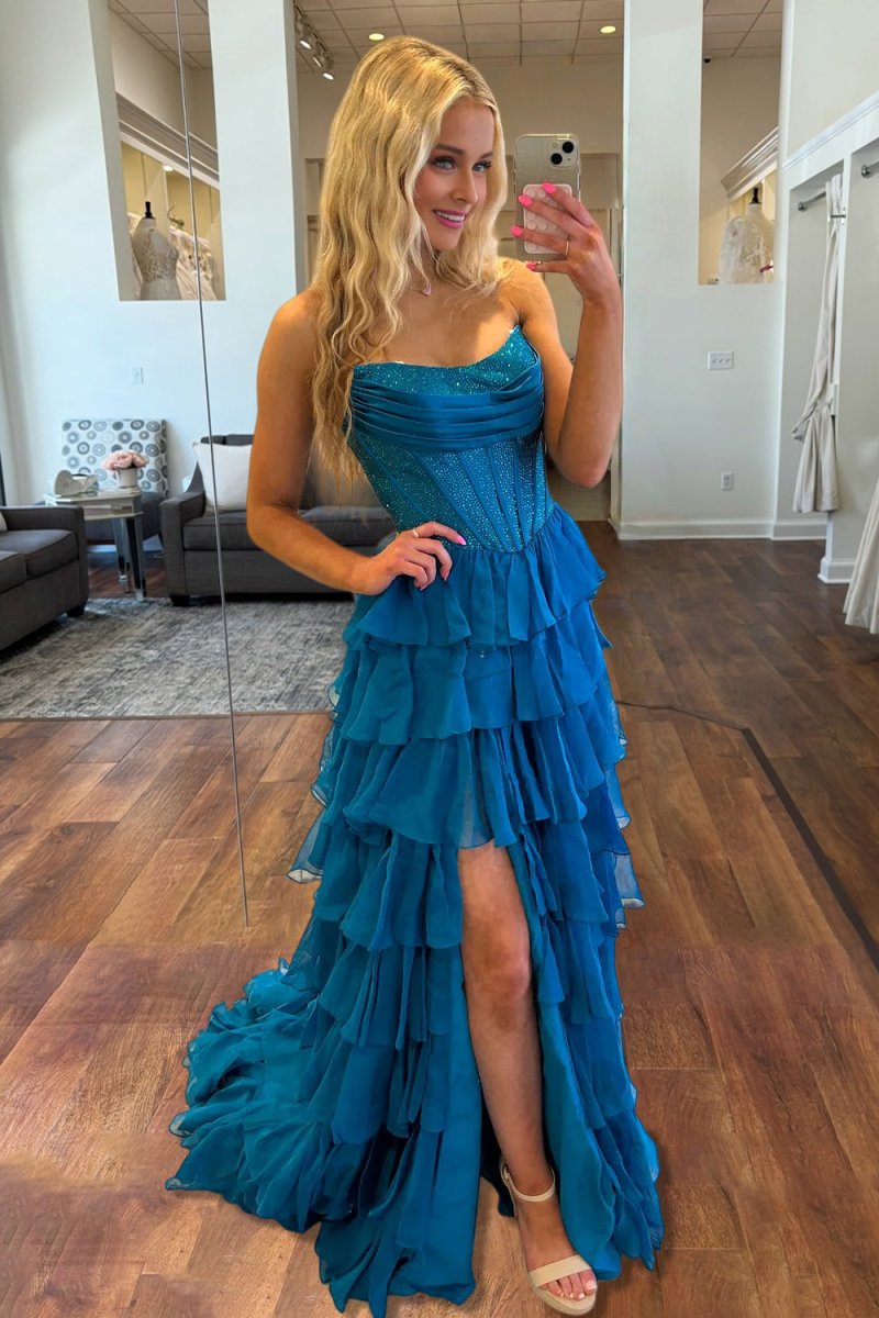 Hanya | Peacock - A Line Strapless Chiffon Beaded Corset Long Prom Dress With Slit - KissProm