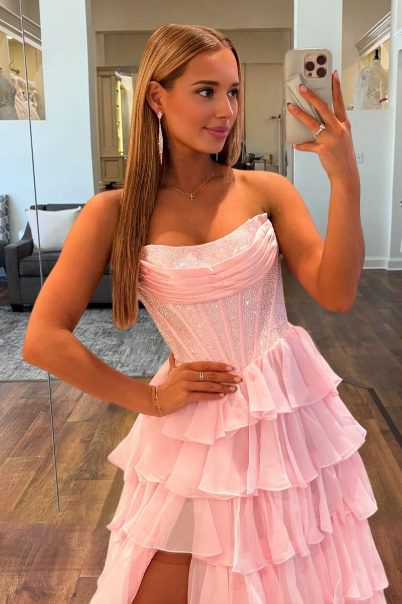 Hanya | Pink - A Line Strapless Chiffon Beaded Corset Long Prom Dress With Slit - KissProm