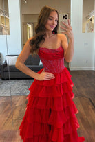 KissProm-Hanya Red A Line Strapless Chiffon Beaded Corset Long Prom Dress With Slit
