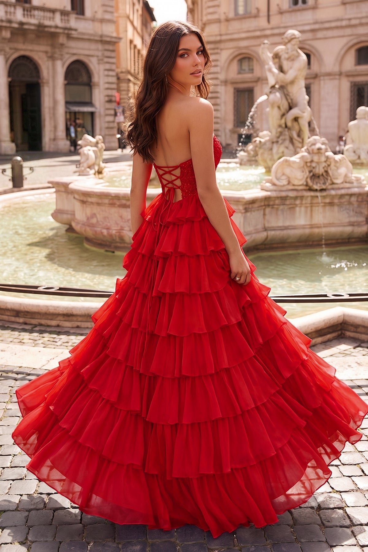 KissProm Orange A Line Strapless Chiffon Beaded Corset Long Prom Dress With Slit, Red / 00