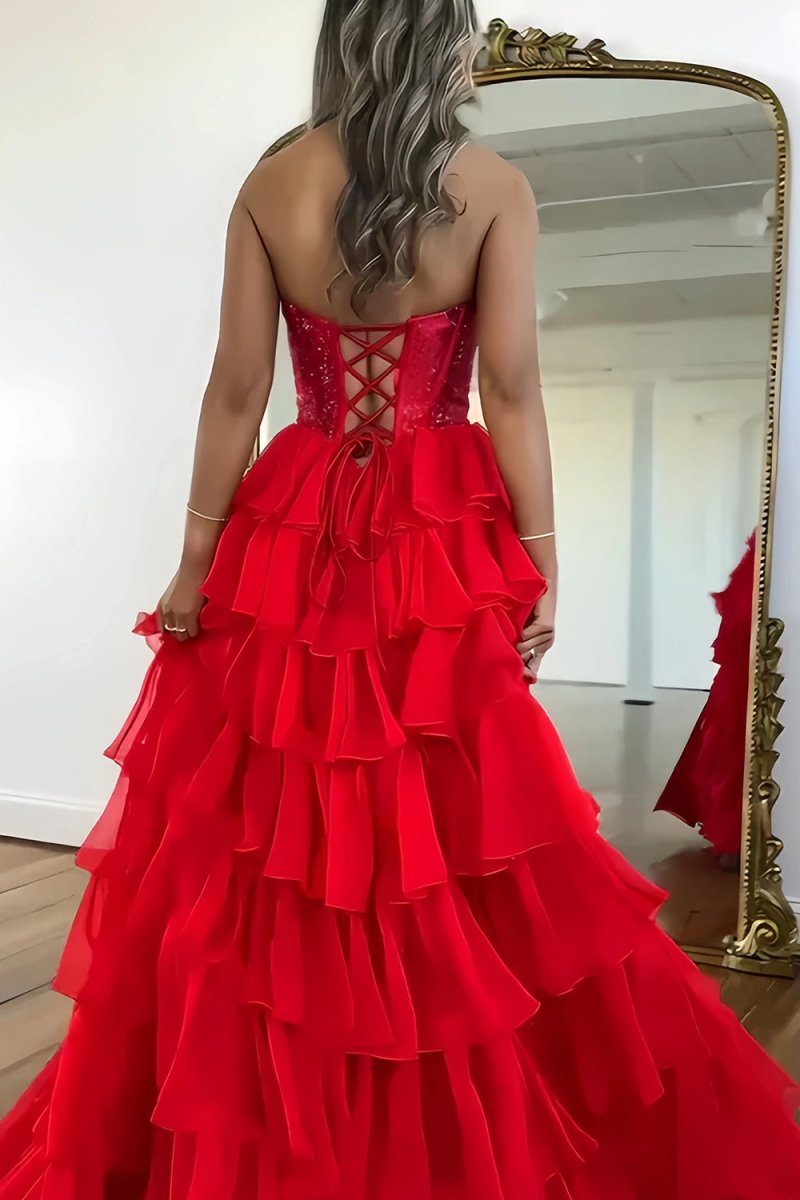 KissProm-Hanya Red A Line Strapless Chiffon Beaded Corset Long Prom Dress With Slit