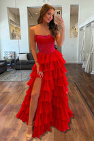 KissProm-Hanya Red A Line Strapless Chiffon Beaded Corset Long Prom Dress With Slit