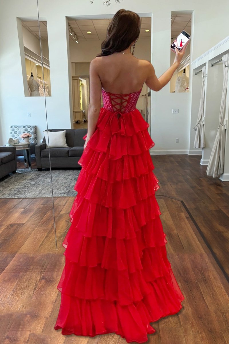 Red - A Line Strapless Chiffon Beaded Corset Long Prom Dress With Slit Red / 18
