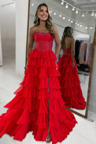 KissProm-Hanya Red A Line Strapless Chiffon Beaded Corset Long Prom Dress With Slit