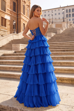 Royal Blue A Line Strapless Chiffon Beaded Corset Long Prom Dress With Slit - KissProm