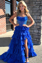KissProm-Hanya Royal Blue A Line Strapless Chiffon Beaded Corset Long Prom Dress With Slit