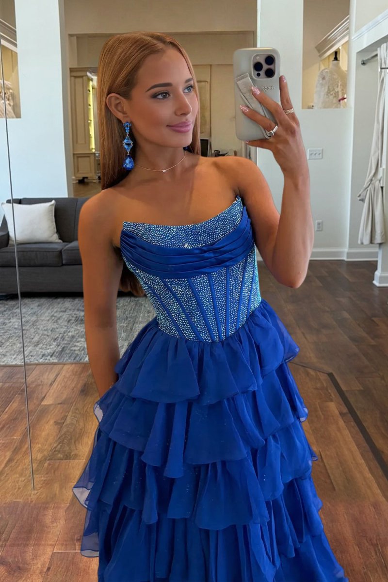KissProm-Hanya Royal Blue A Line Strapless Chiffon Beaded Corset Long Prom Dress With Slit