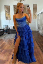 KissProm-Hanya Royal Blue A Line Strapless Chiffon Beaded Corset Long Prom Dress With Slit