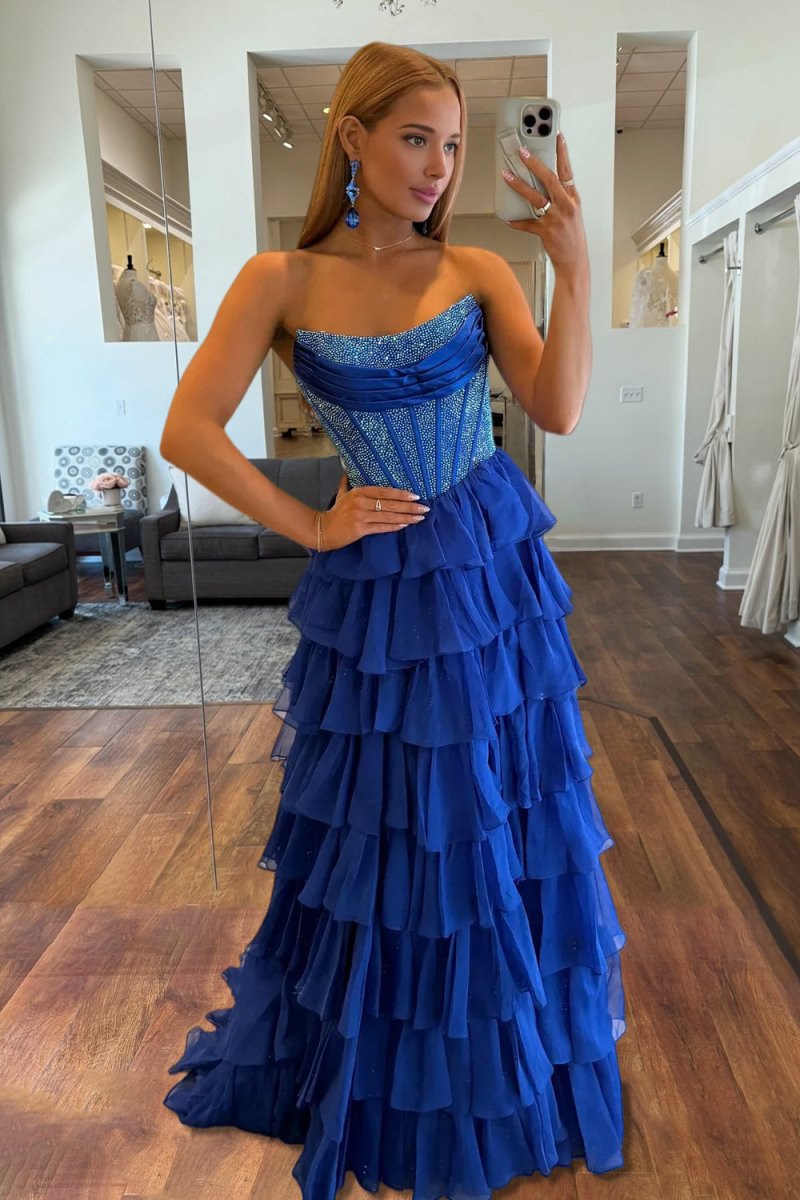 KissProm-Hanya Royal Blue A Line Strapless Chiffon Beaded Corset Long Prom Dress With Slit