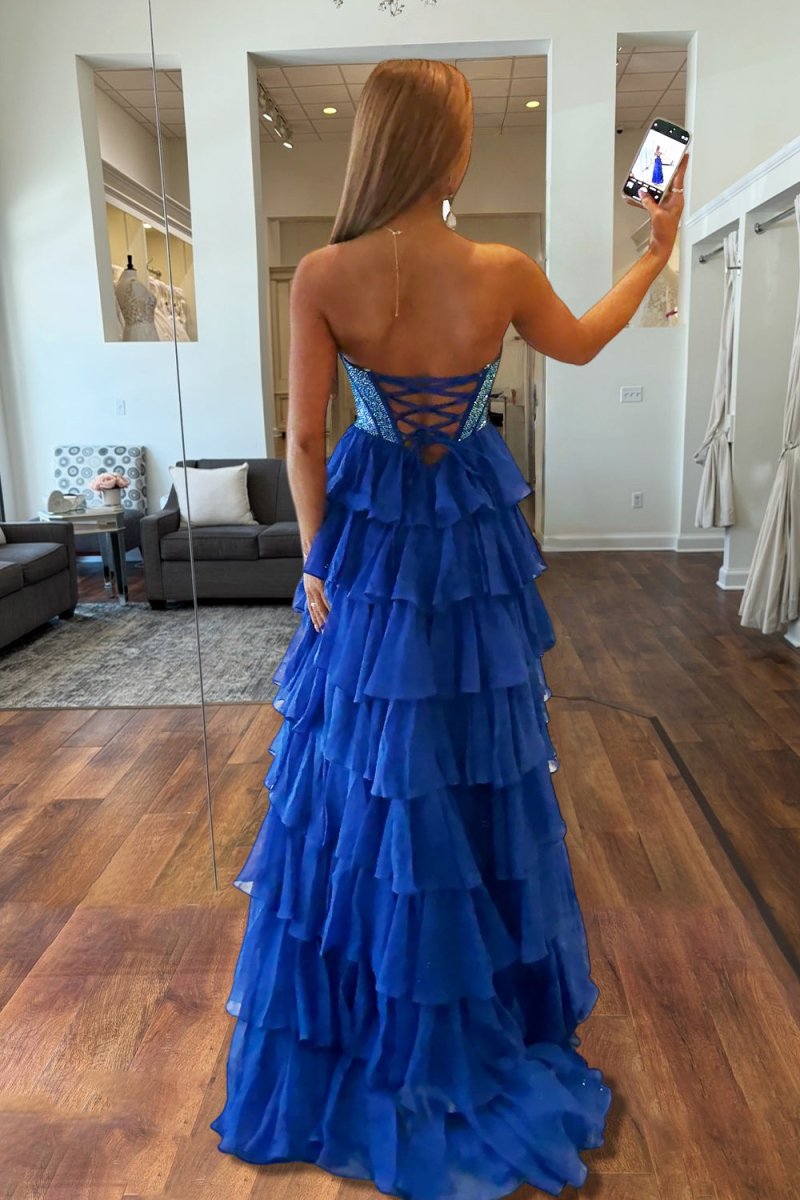 KissProm-Hanya Royal Blue A Line Strapless Chiffon Beaded Corset Long Prom Dress With Slit