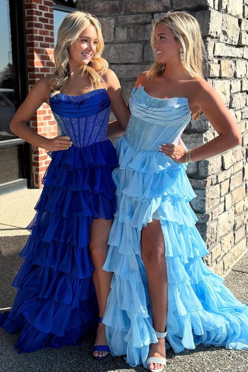 KissProm-Hanya Royal Blue A Line Strapless Chiffon Beaded Corset Long Prom Dress With Slit