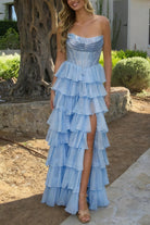 KissProm-Hanya Sky Blue A Line Strapless Chiffon Beaded Corset Long Prom Dress With Slit