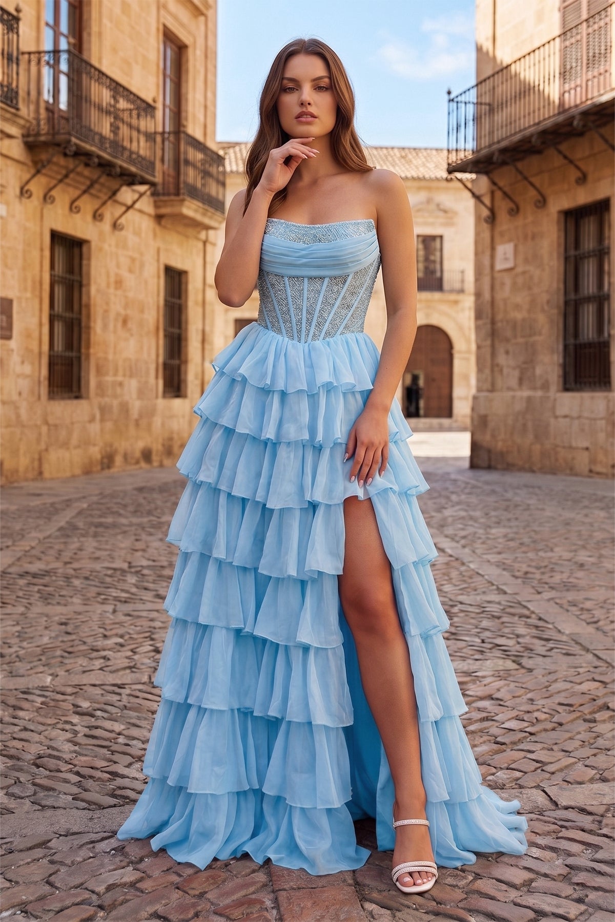 Orange A Line Strapless Chiffon Beaded Corset Long Prom Dress With Slit Sky Blue / 8