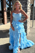 KissProm-Hanya Sky Blue A Line Strapless Chiffon Beaded Corset Long Prom Dress With Slit