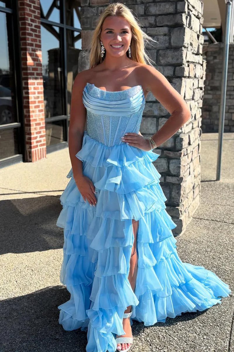 KissProm-Hanya Sky Blue A Line Strapless Chiffon Beaded Corset Long Prom Dress With Slit
