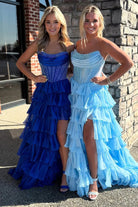 KissProm-Hanya Royal Blue A Line Strapless Chiffon Beaded Corset Long Prom Dress With Slit