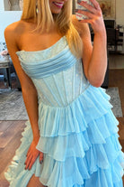 KissProm-Hanya Sky Blue A Line Strapless Chiffon Beaded Corset Long Prom Dress With Slit