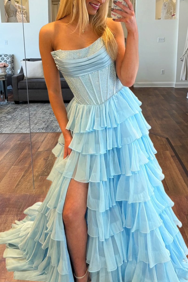 KissProm-Hanya Sky Blue A Line Strapless Chiffon Beaded Corset Long Prom Dress With Slit