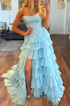 KissProm-Hanya Sky Blue A Line Strapless Chiffon Beaded Corset Long Prom Dress With Slit