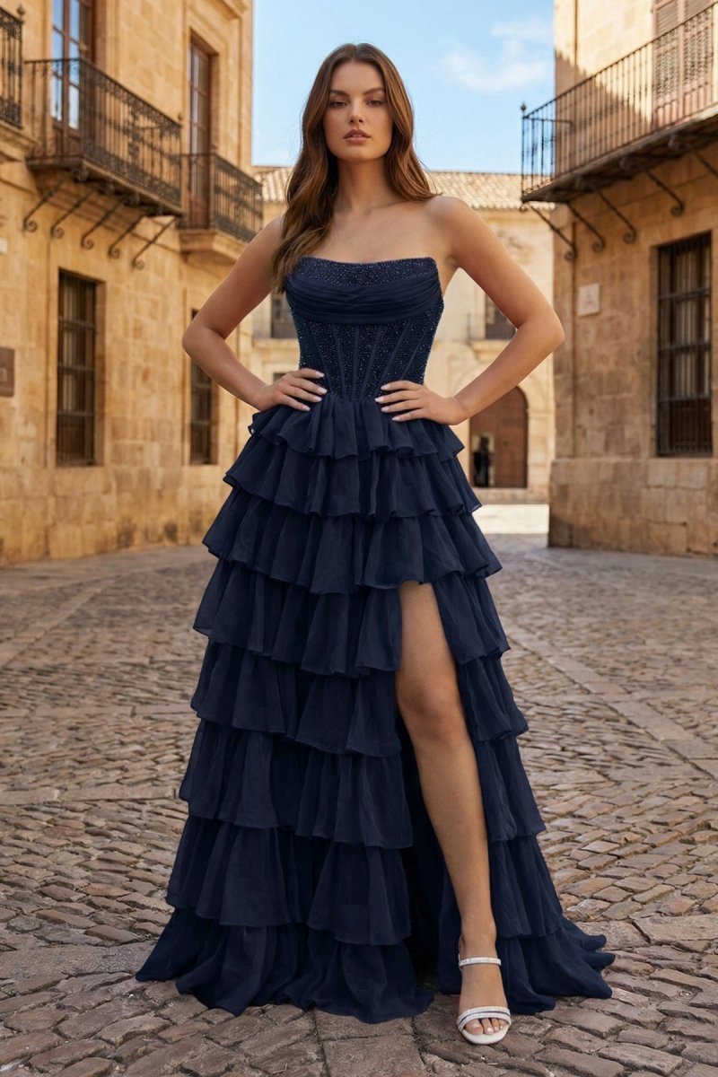 KissProm Orange A Line Strapless Chiffon Beaded Corset Long Prom Dress With Slit, Navy Blue / 00
