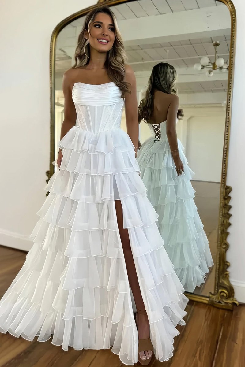 KissProm-Hanya White A Line Strapless Chiffon Beaded Corset Long Prom Dress With Slit