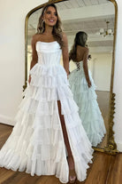 KissProm-Hanya White A Line Strapless Chiffon Beaded Corset Long Prom Dress With Slit