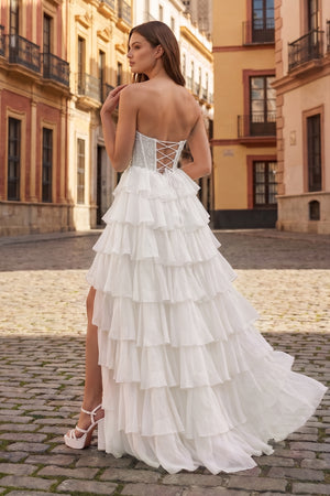 White A Line Strapless Chiffon Beaded Corset Long Prom Dress With Slit - KissProm