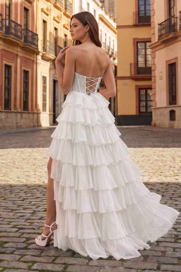 White A Line Strapless Chiffon Beaded Corset Long Prom Dress With Slit - KissProm