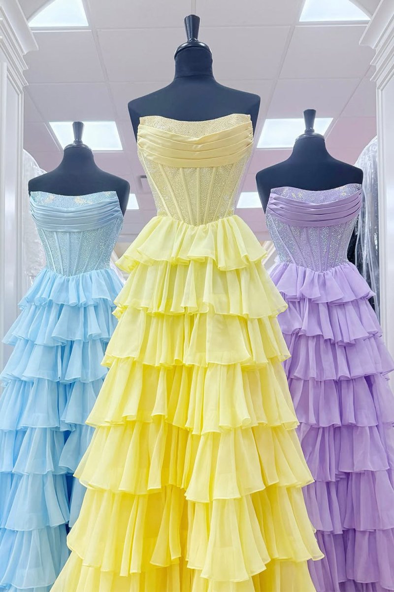 KissProm-Hanya Yellow A Line Strapless Chiffon Beaded Corset Long Prom Dress With Slit