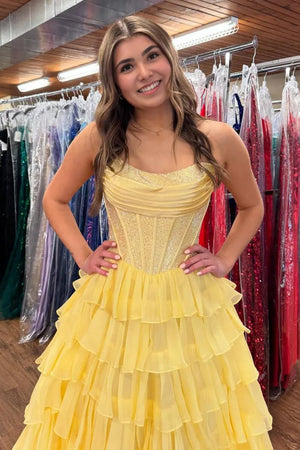 KissProm-Hanya Yellow A Line Strapless Chiffon Beaded Corset Long Prom Dress With Slit