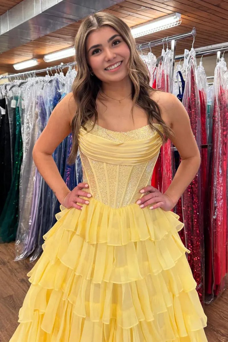 KissProm-Hanya Yellow A Line Strapless Chiffon Beaded Corset Long Prom Dress With Slit