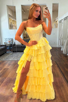 KissProm-Hanya Yellow A Line Strapless Chiffon Beaded Corset Long Prom Dress With Slit