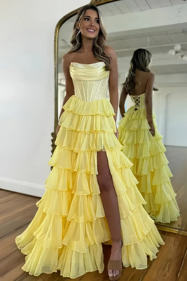 KissProm-Hanya Yellow A Line Strapless Chiffon Beaded Corset Long Prom Dress With Slit