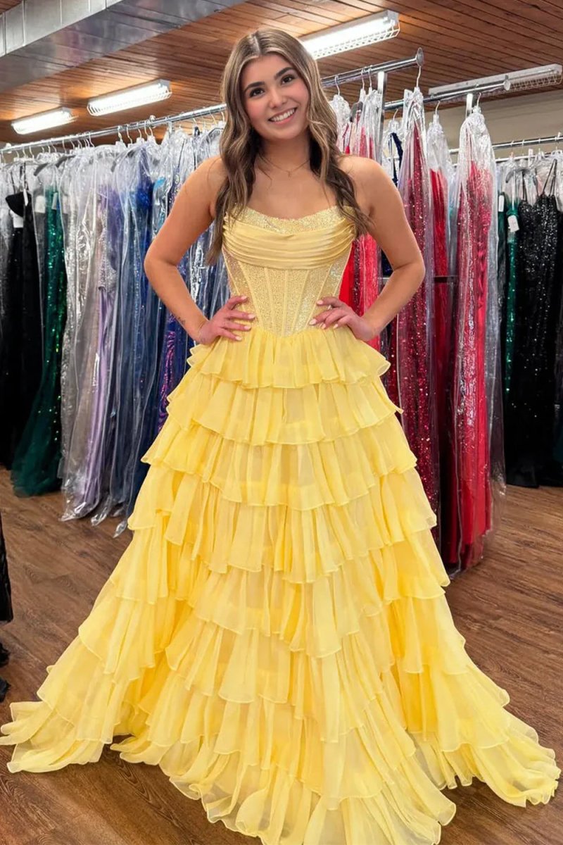 KissProm-Hanya Yellow A Line Strapless Chiffon Beaded Corset Long Prom Dress With Slit
